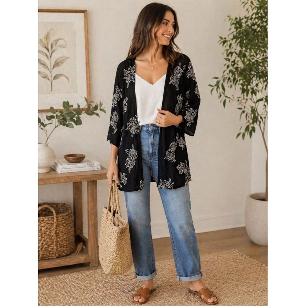 Black Floral Embroidered Kimono Sheer Boho Cardigan Small